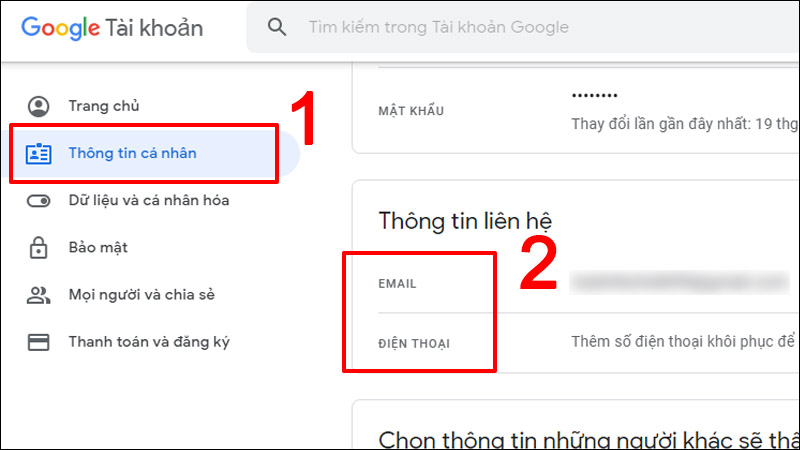 Nhấn chọn Thông tin cá nhân sau đó chọn email và số điện thoại khôi phục